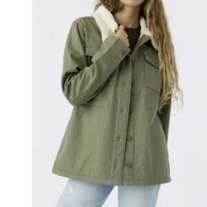 Hang Ten New Ladies' Utility Fleece Lined Olive Cargo Plush Collar Jacket
